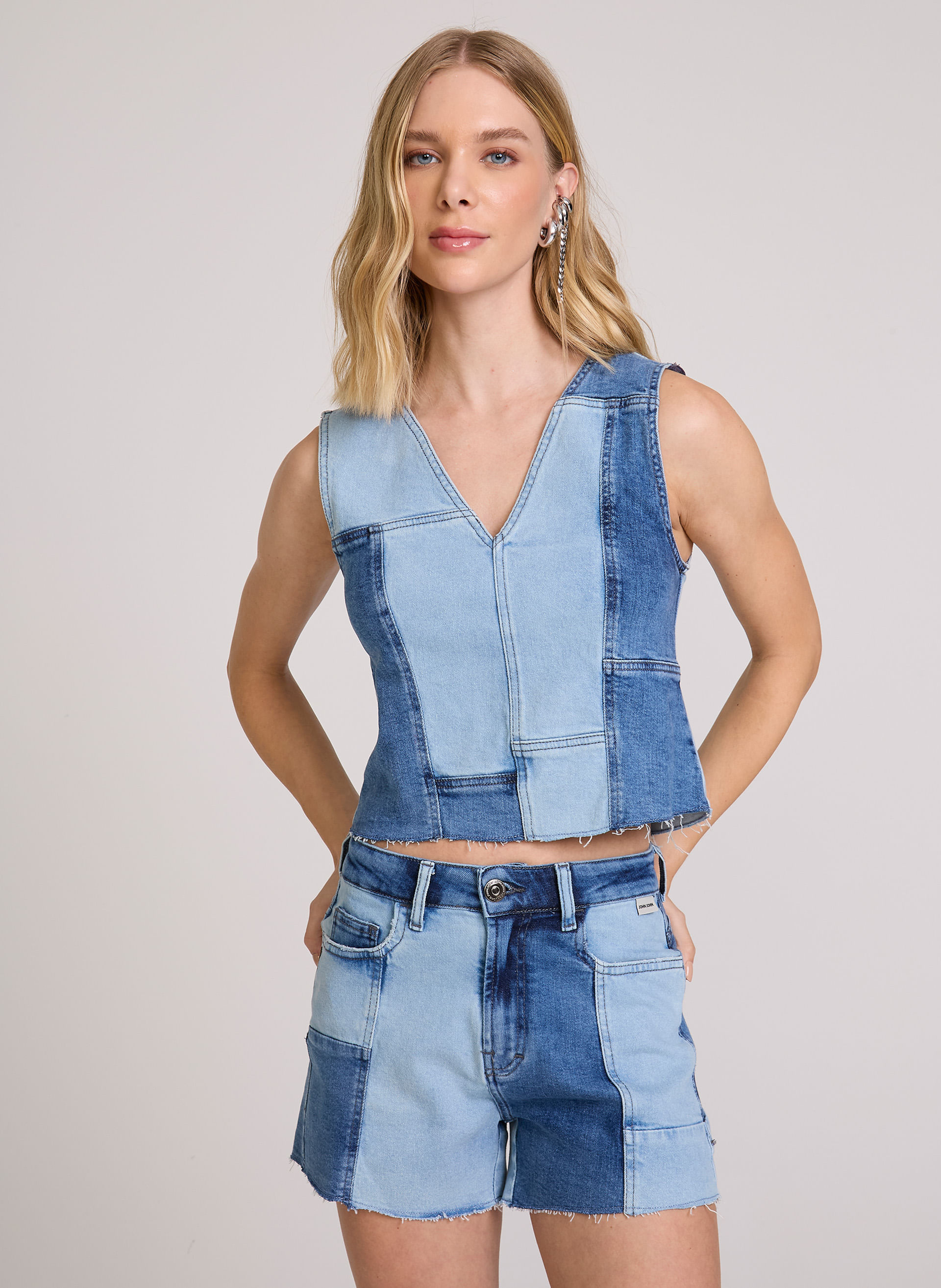 Blusa Jeans Cropped Mixed Blue Denim John John Feminina