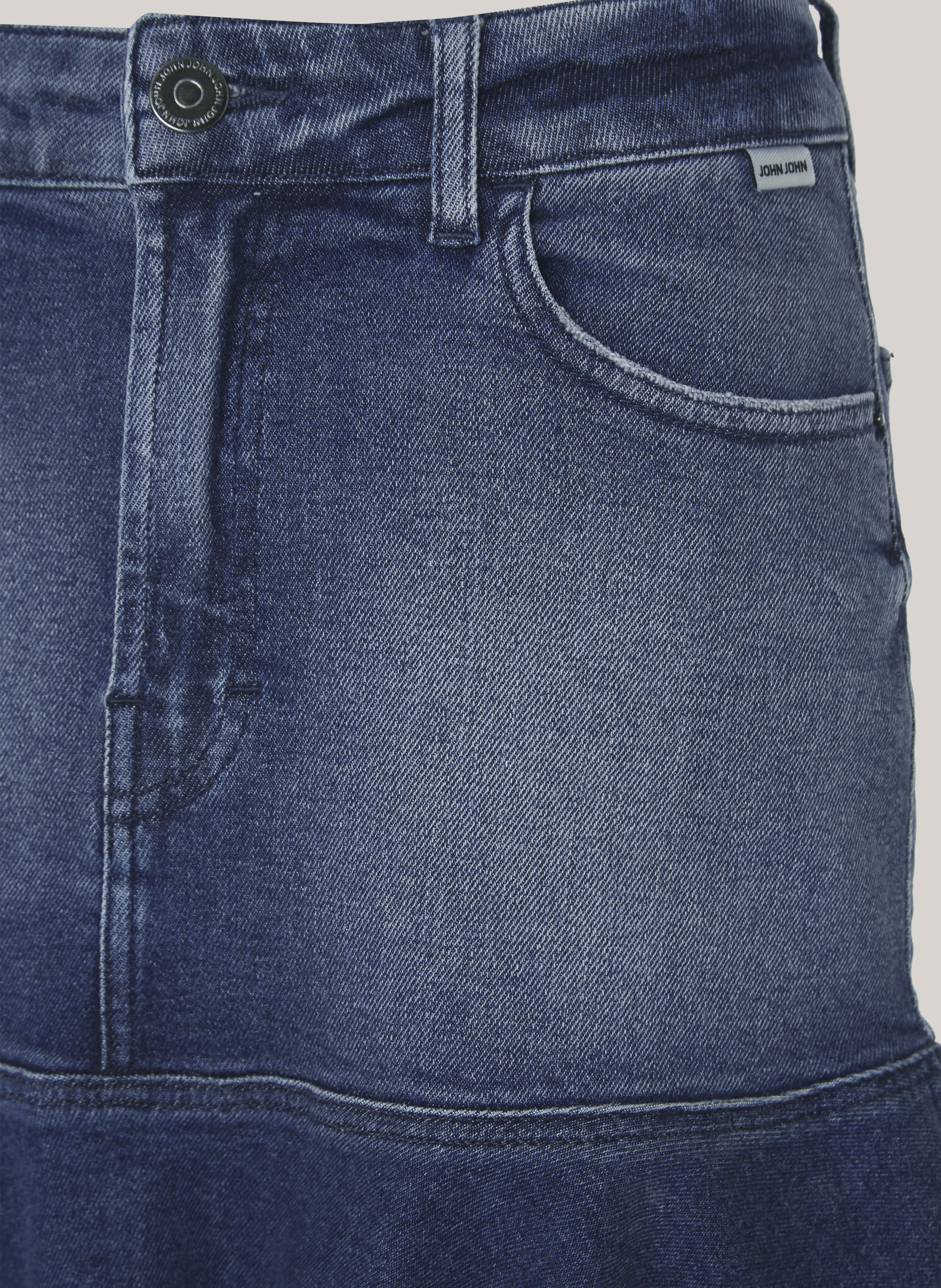 Saia Jeans Justa Babado John John Feminina