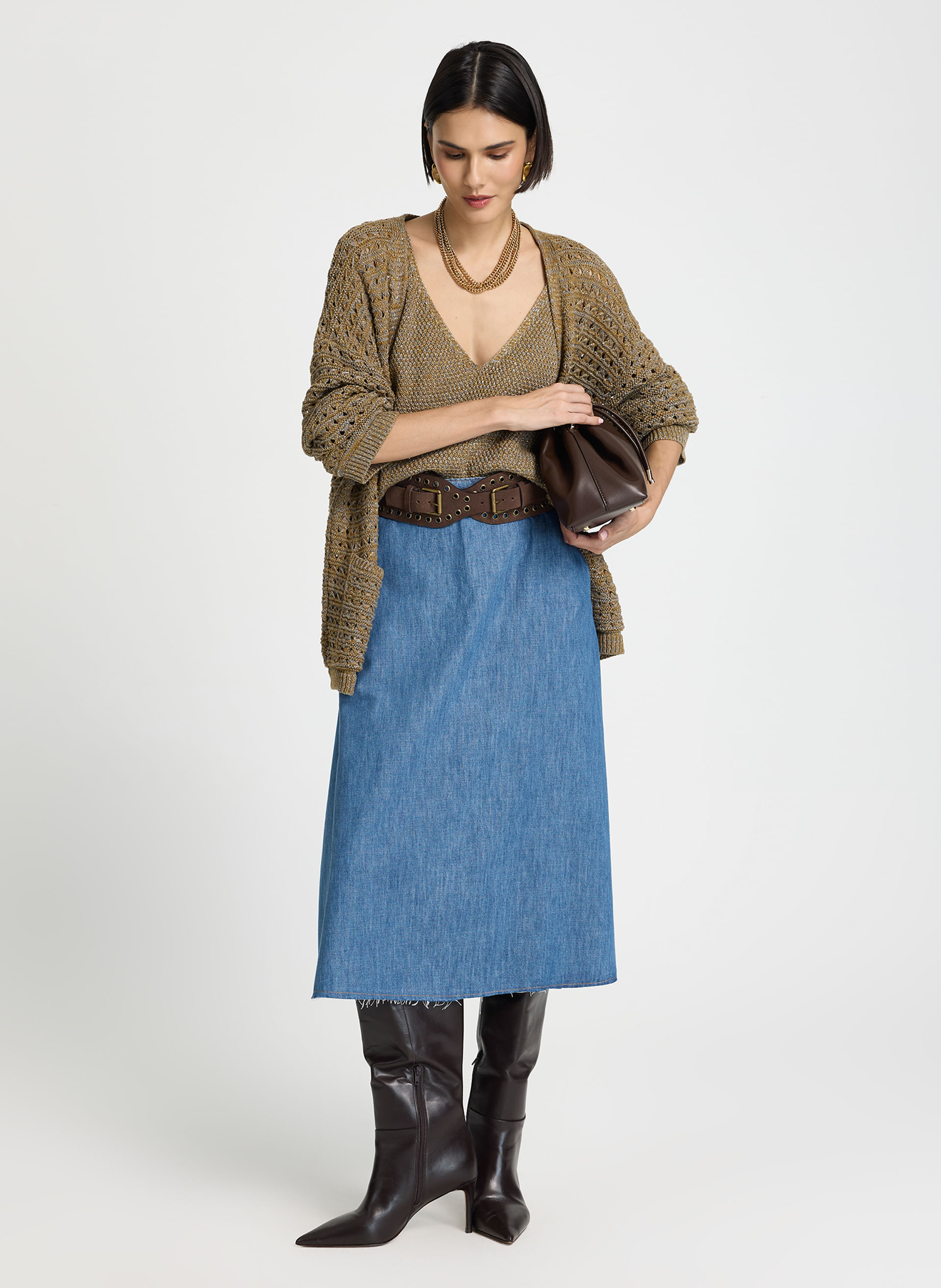 Saia Le Lis Aline II Midi Jeans Feminina